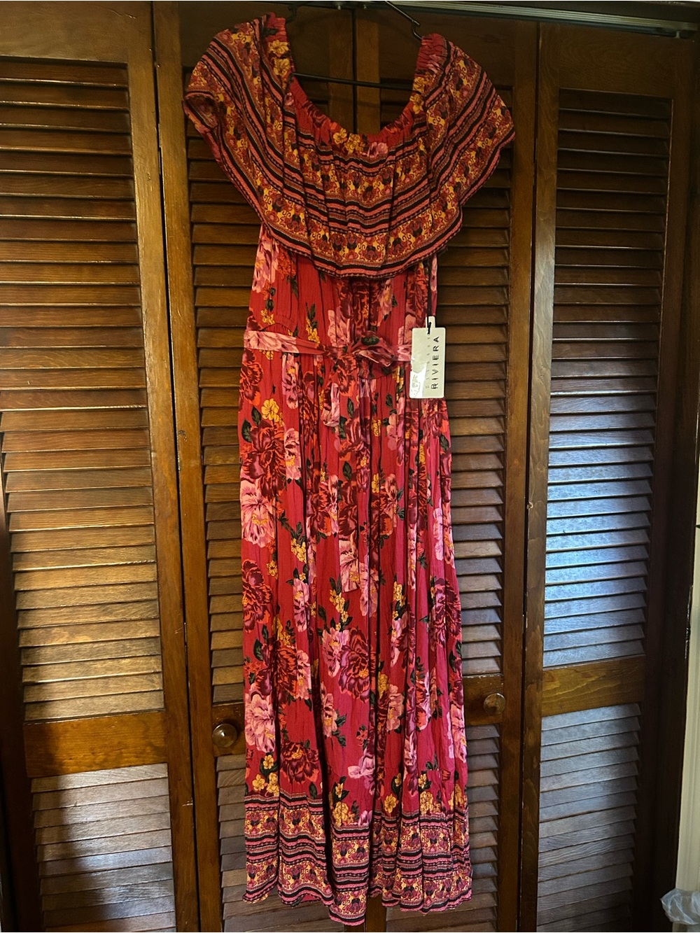 MARGAUX RIVIERA Red Floral Maxi Dress | Boho Off Shoulder | Flowy Long Dress